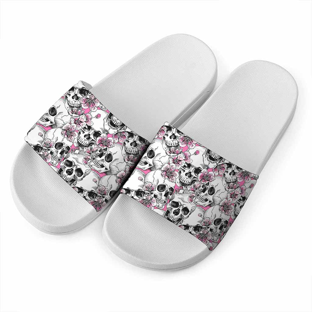 Pink Flowers Skull Pattern Print White Slide Sandals
