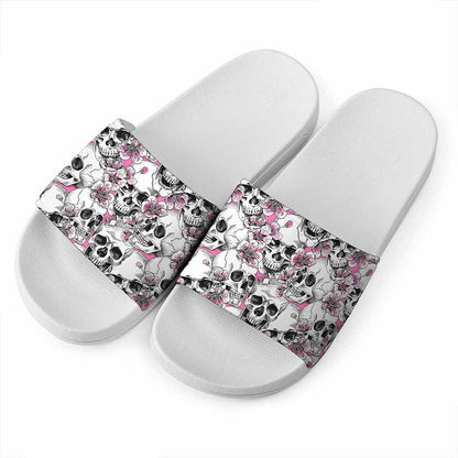 Pink Flowers Skull Pattern Print White Slide Sandals