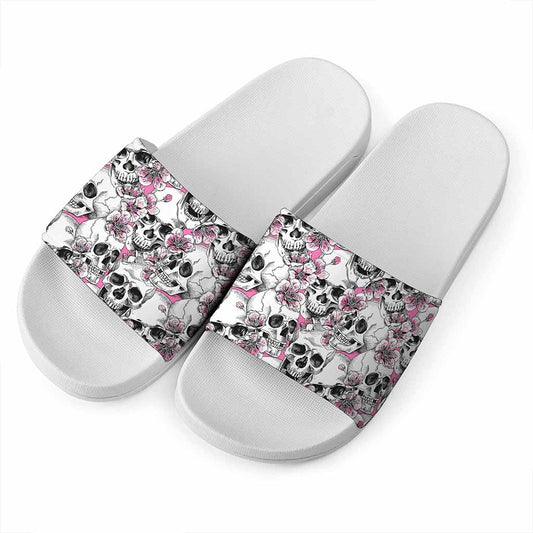 Pink Flowers Skull Pattern Print White Slide Sandals