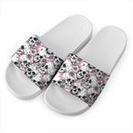 Pink Flowers Skull Pattern Print White Slide Sandals
