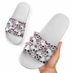 Pink Flowers Skull Pattern Print White Slide Sandals