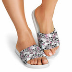 Pink Flowers Skull Pattern Print White Slide Sandals