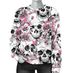 Pink Flowers Skull Pattern Print Women's Crewneck Sweatshirt GearFrost