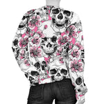 Pink Flowers Skull Pattern Print Women's Crewneck Sweatshirt GearFrost