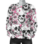 Pink Flowers Skull Pattern Print Women's Crewneck Sweatshirt GearFrost