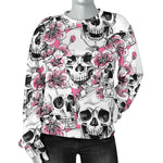 Pink Flowers Skull Pattern Print Women's Crewneck Sweatshirt GearFrost