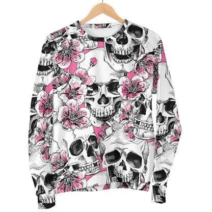 Pink Flowers Skull Pattern Print Women's Crewneck Sweatshirt GearFrost