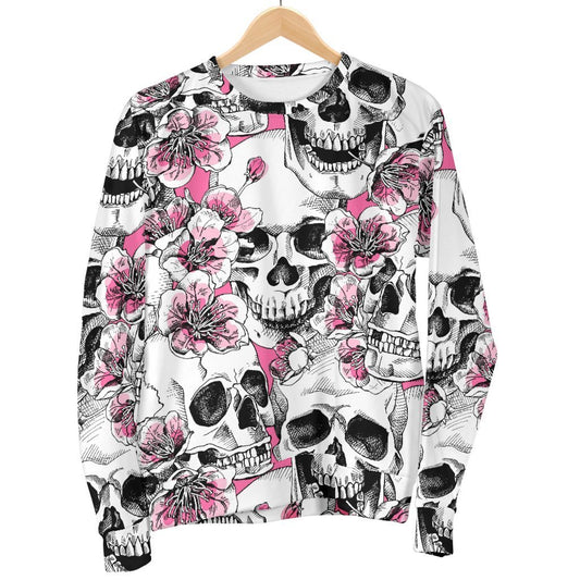 Pink Flowers Skull Pattern Print Women's Crewneck Sweatshirt GearFrost