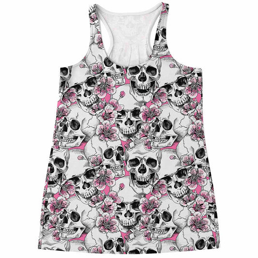 Pink Flowers Skull Pattern Print Women's Racerback Tank Top