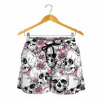 Pink Flowers Skull Pattern Print Women's Shorts