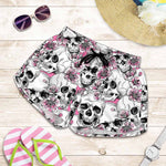 Pink Flowers Skull Pattern Print Women's Shorts
