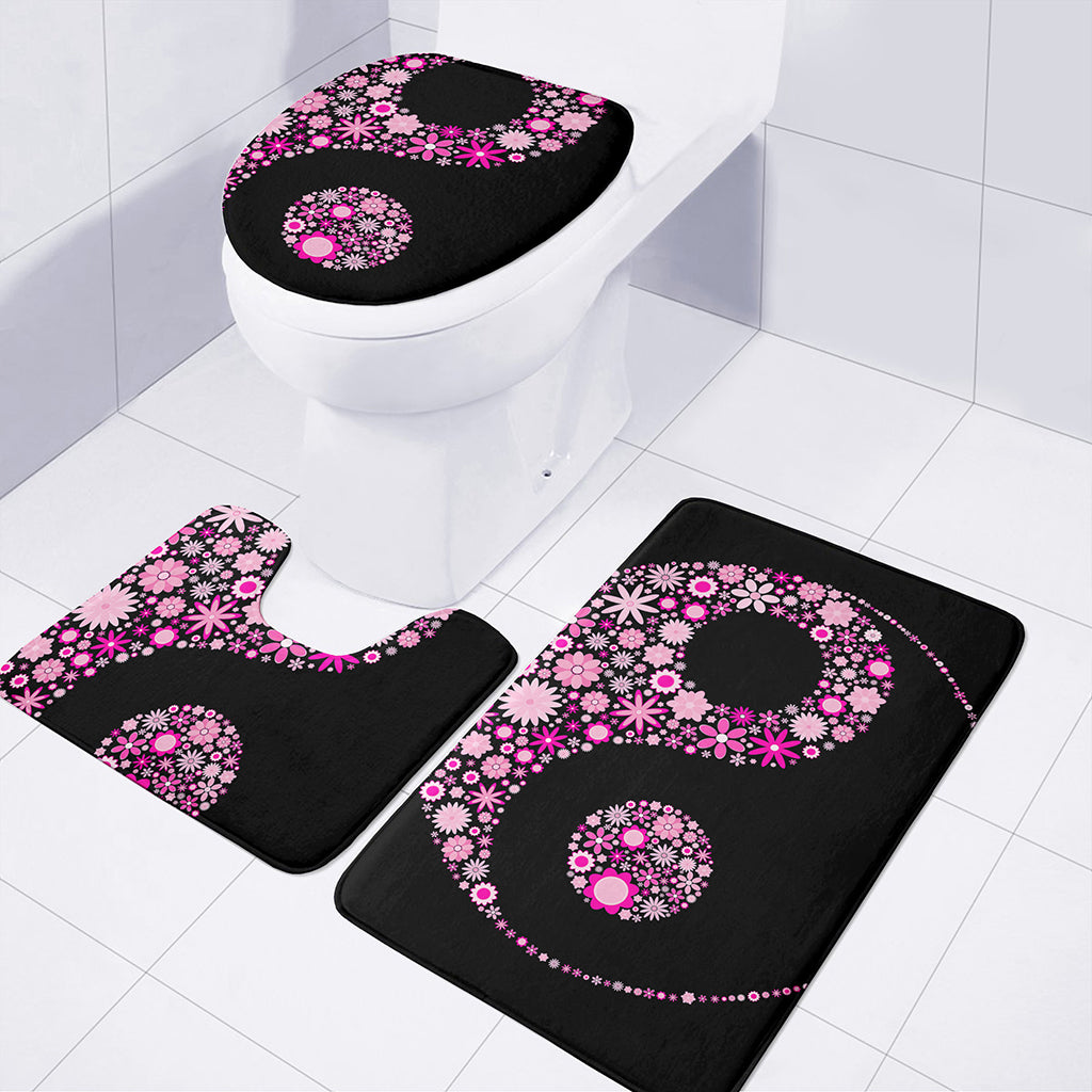 Pink Flowers Yin Yang Print 3 Piece Bath Mat Set