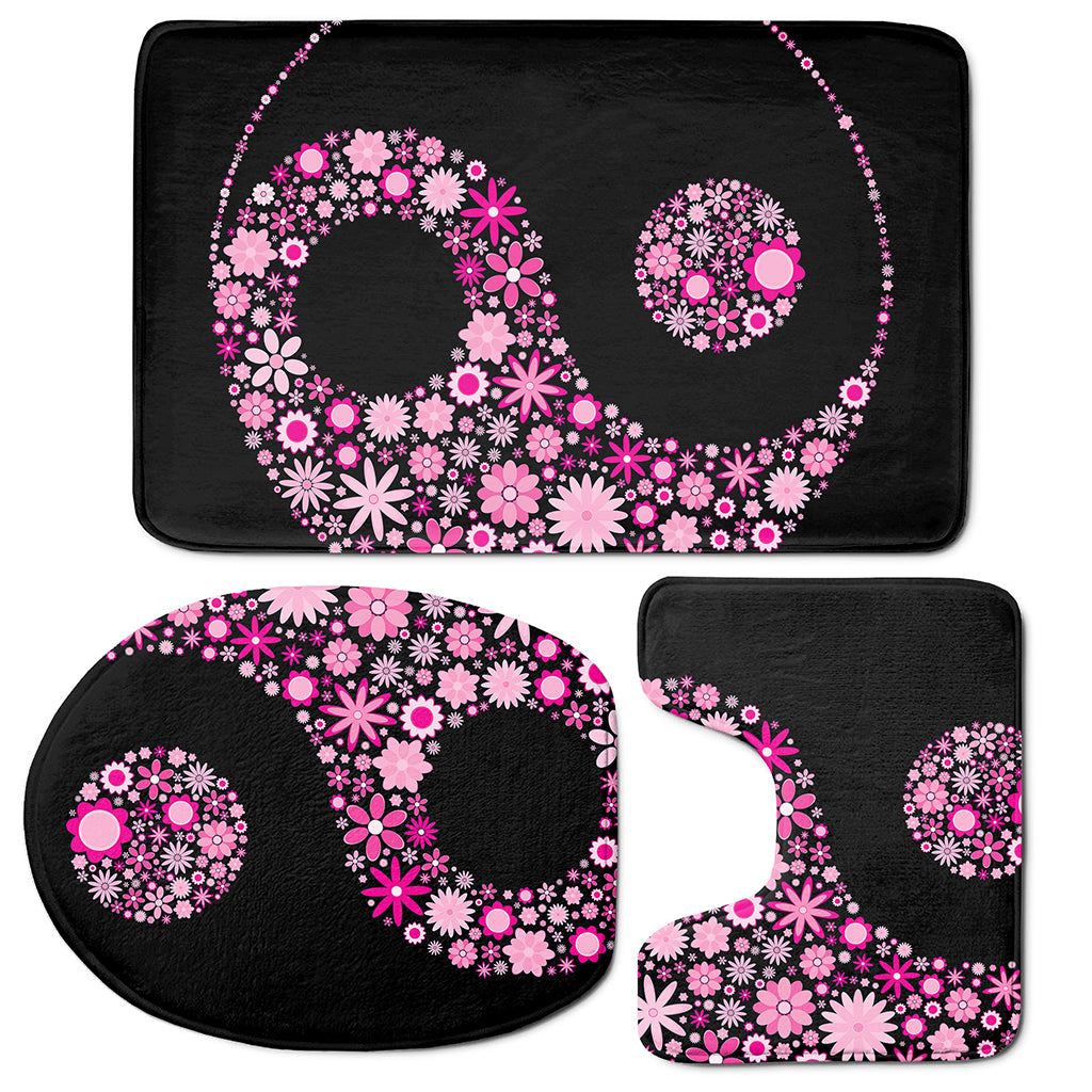 Pink Flowers Yin Yang Print 3 Piece Bath Mat Set