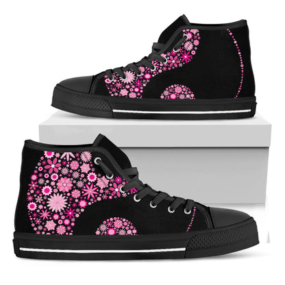 Pink Flowers Yin Yang Print Black High Top Shoes