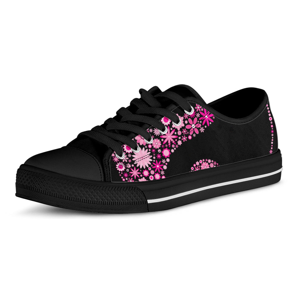 Pink Flowers Yin Yang Print Black Low Top Shoes 