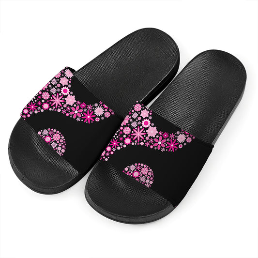 Pink Flowers Yin Yang Print Black Slide Sandals