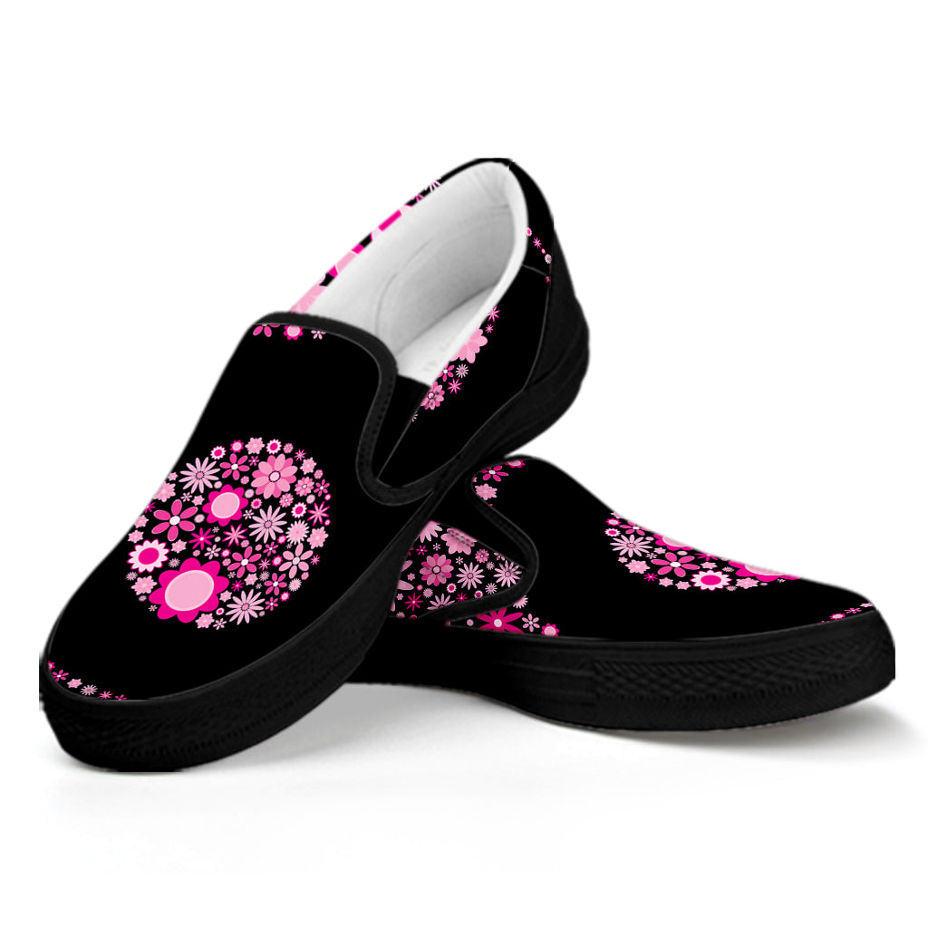 Pink Flowers Yin Yang Print Black Slip On Shoes