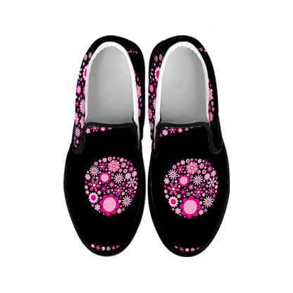 Pink Flowers Yin Yang Print Black Slip On Shoes