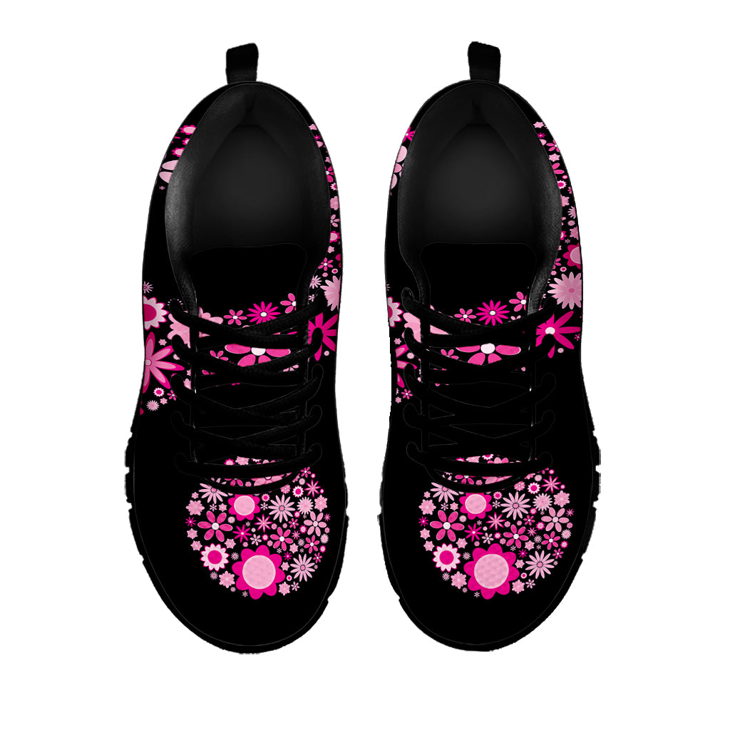 Pink Flowers Yin Yang Print Black Sneakers