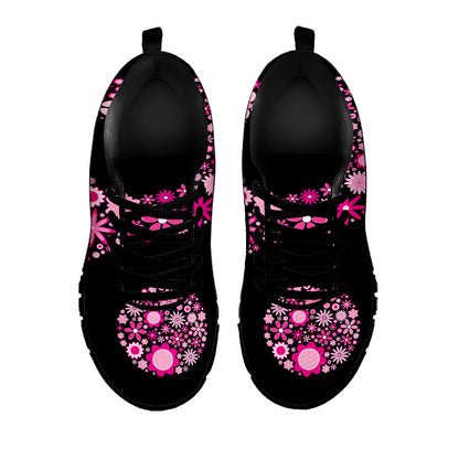 Pink Flowers Yin Yang Print Black Sneakers