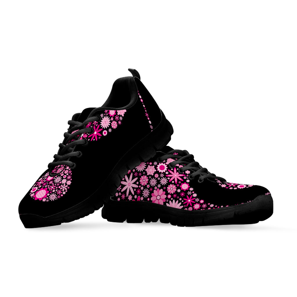 Pink Flowers Yin Yang Print Black Sneakers