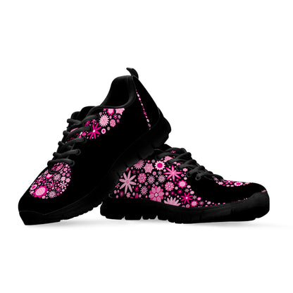 Pink Flowers Yin Yang Print Black Sneakers