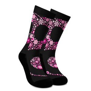 Pink Flowers Yin Yang Print Crew Socks