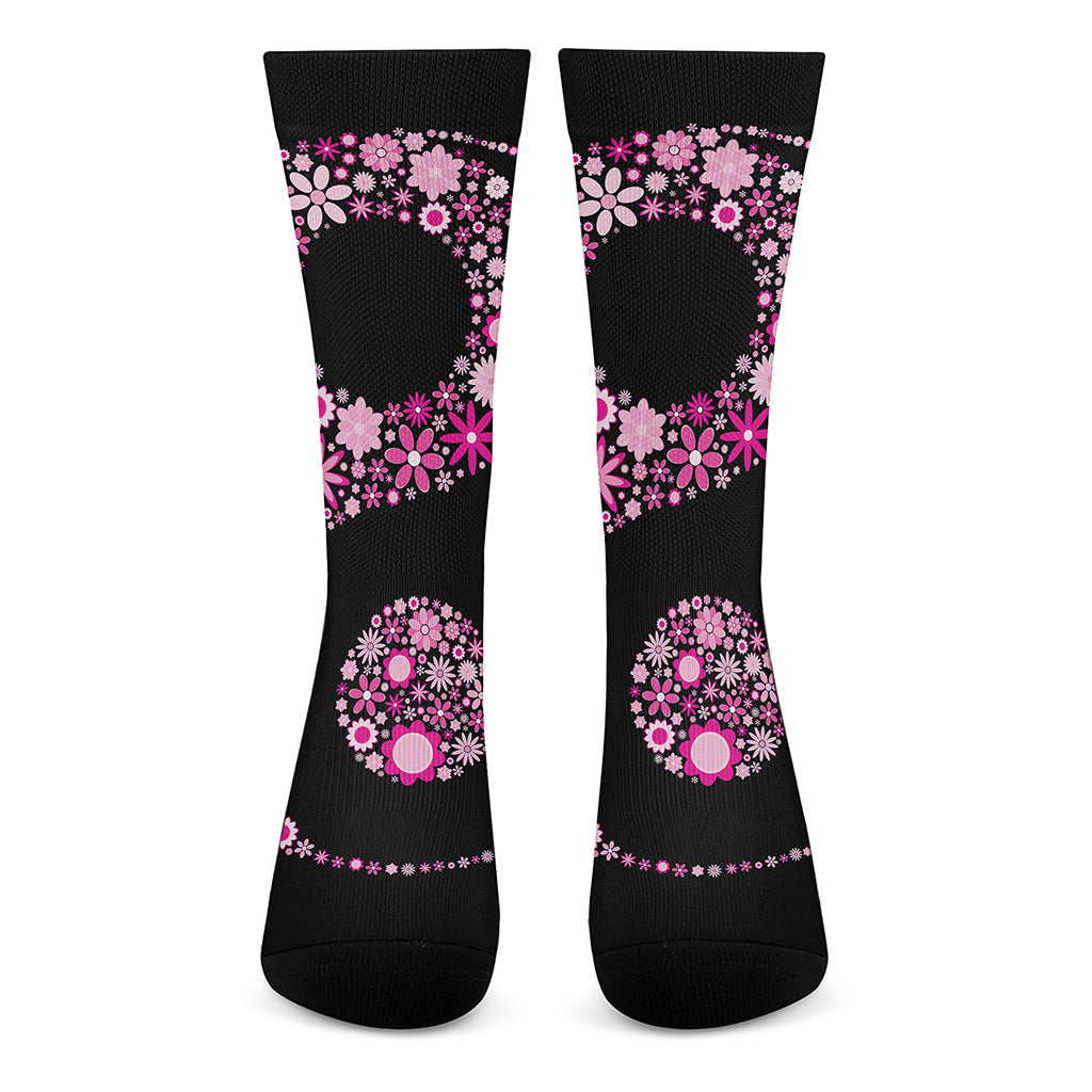 Pink Flowers Yin Yang Print Crew Socks