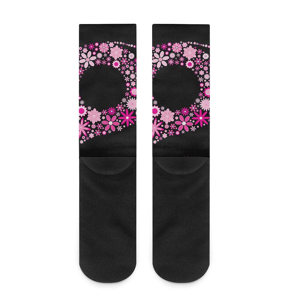 Pink Flowers Yin Yang Print Crew Socks