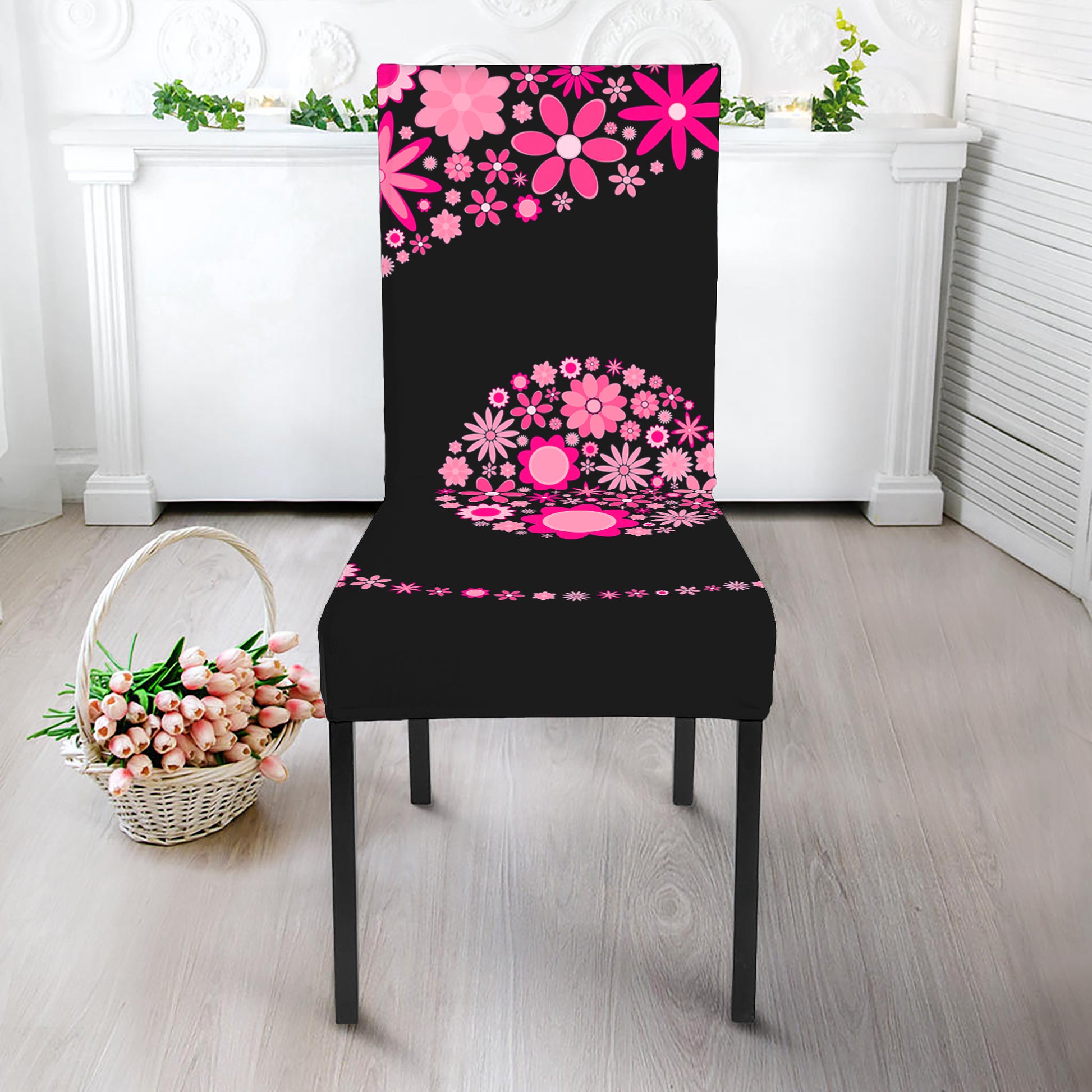Pink Flowers Yin Yang Print Dining Chair Slipcover