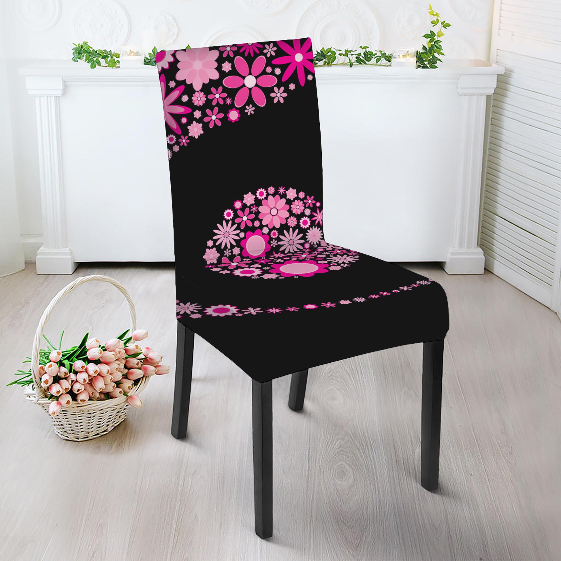 Pink Flowers Yin Yang Print Dining Chair Slipcover