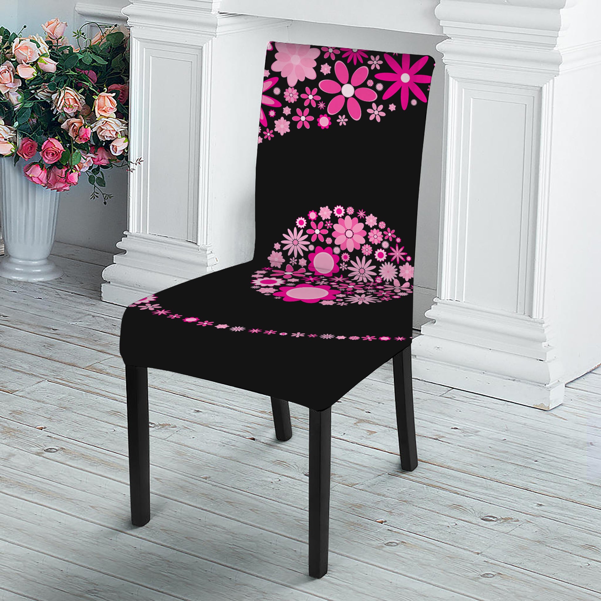 Pink Flowers Yin Yang Print Dining Chair Slipcover
