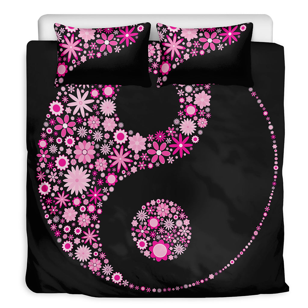 Pink Flowers Yin Yang Print Duvet Cover Bedding Set