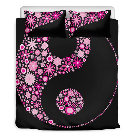 Pink Flowers Yin Yang Print Duvet Cover Bedding Set