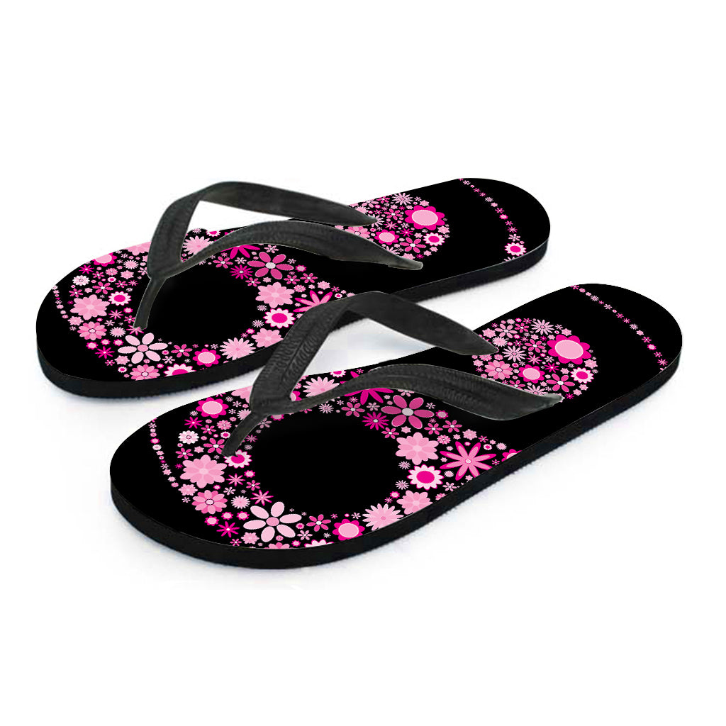 Pink Flowers Yin Yang Print Flip Flops