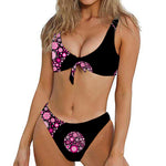 Pink Flowers Yin Yang Print Front Bow Tie Bikini