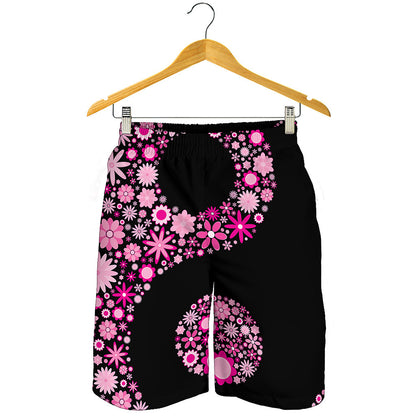 Pink Flowers Yin Yang Print Men's Shorts