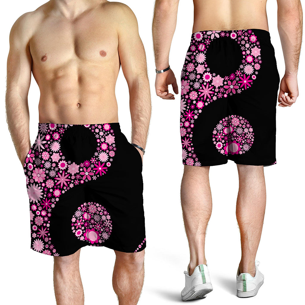 Pink Flowers Yin Yang Print Men's Shorts
