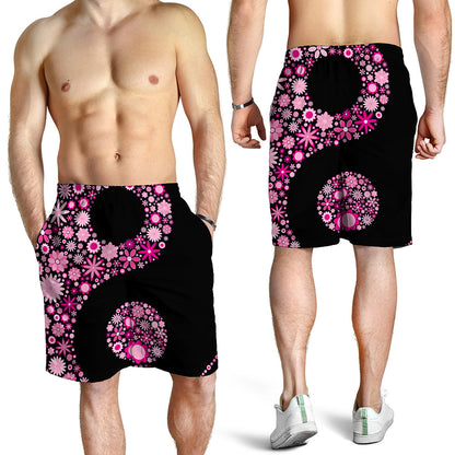 Pink Flowers Yin Yang Print Men's Shorts