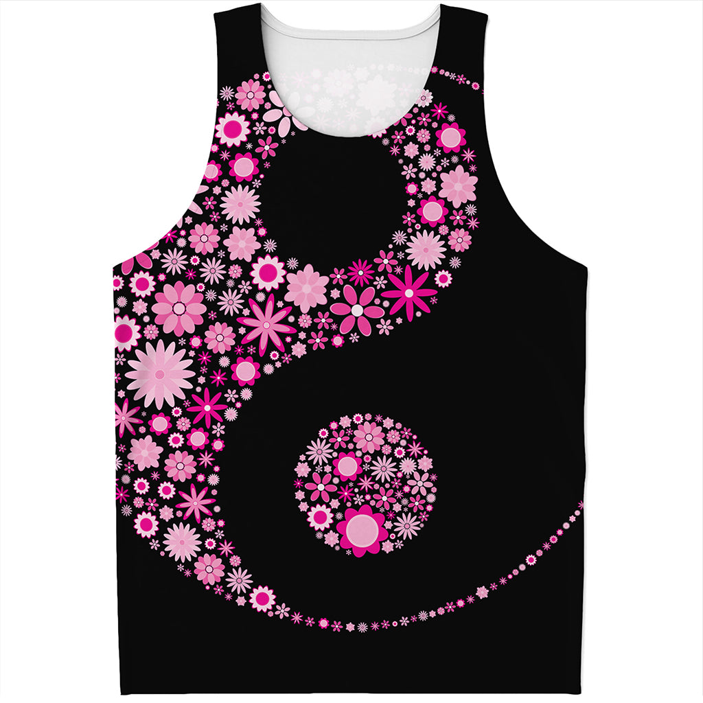 Pink Flowers Yin Yang Print Men's Tank Top