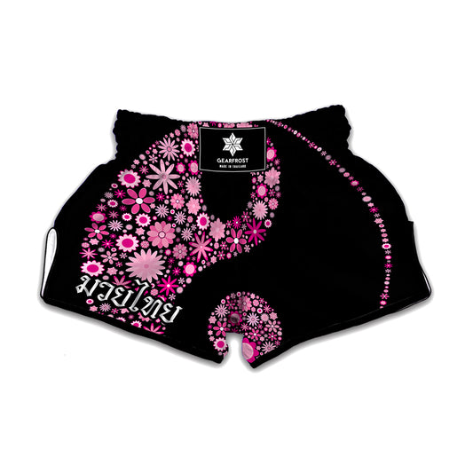 Pink Flowers Yin Yang Print Muay Thai Boxing Shorts
