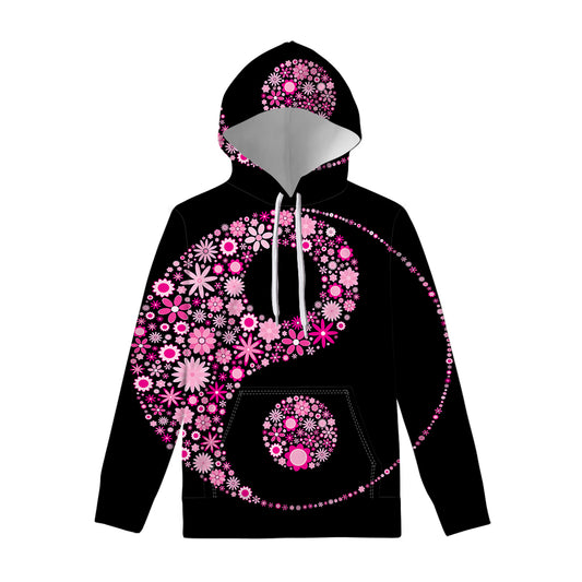 Pink Flowers Yin Yang Print Pullover Hoodie