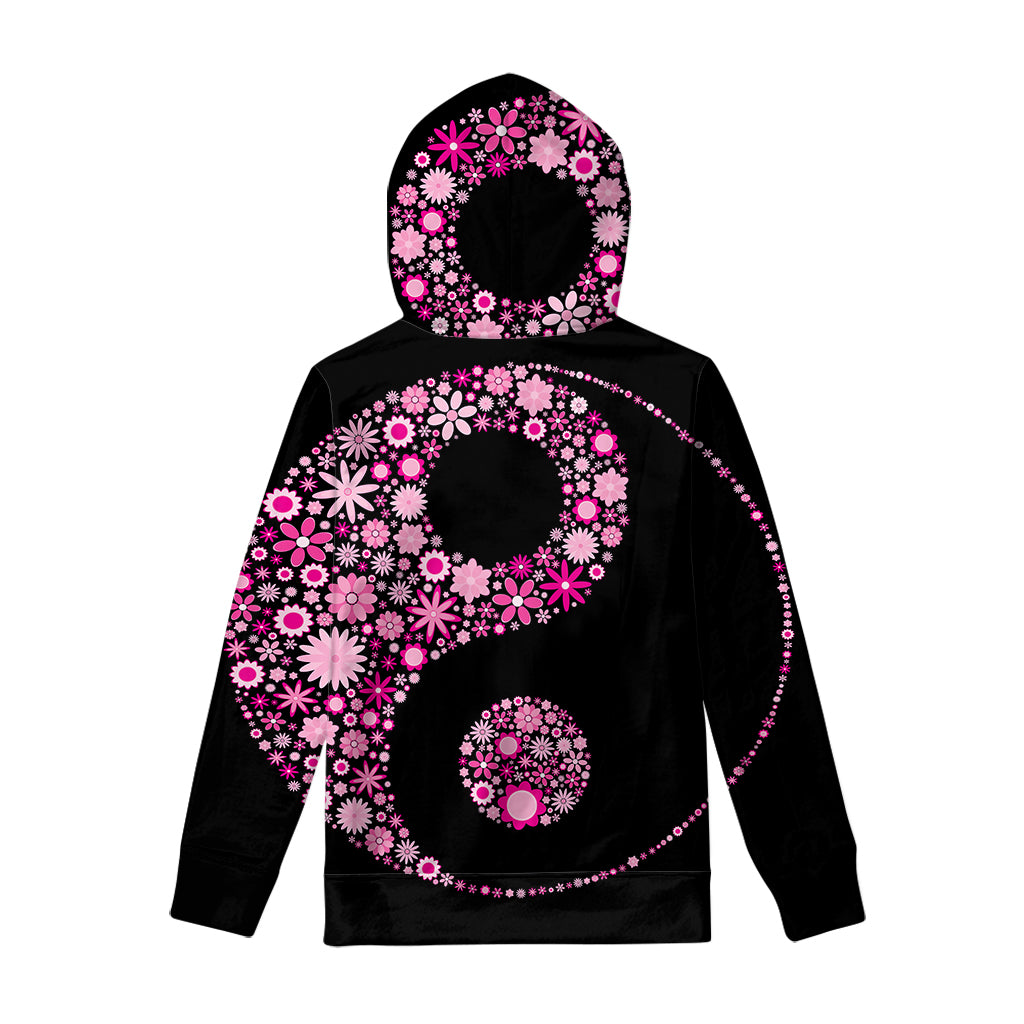 Pink Flowers Yin Yang Print Pullover Hoodie