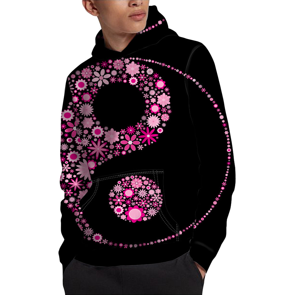 Pink Flowers Yin Yang Print Pullover Hoodie