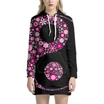 Pink Flowers Yin Yang Print Pullover Hoodie Dress