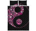Pink Flowers Yin Yang Print Quilt Bed Set