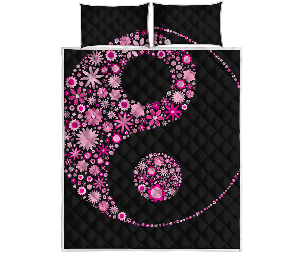 Pink Flowers Yin Yang Print Quilt Bed Set