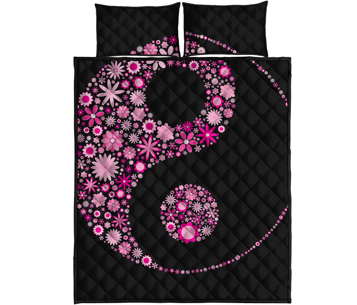 Pink Flowers Yin Yang Print Quilt Bed Set