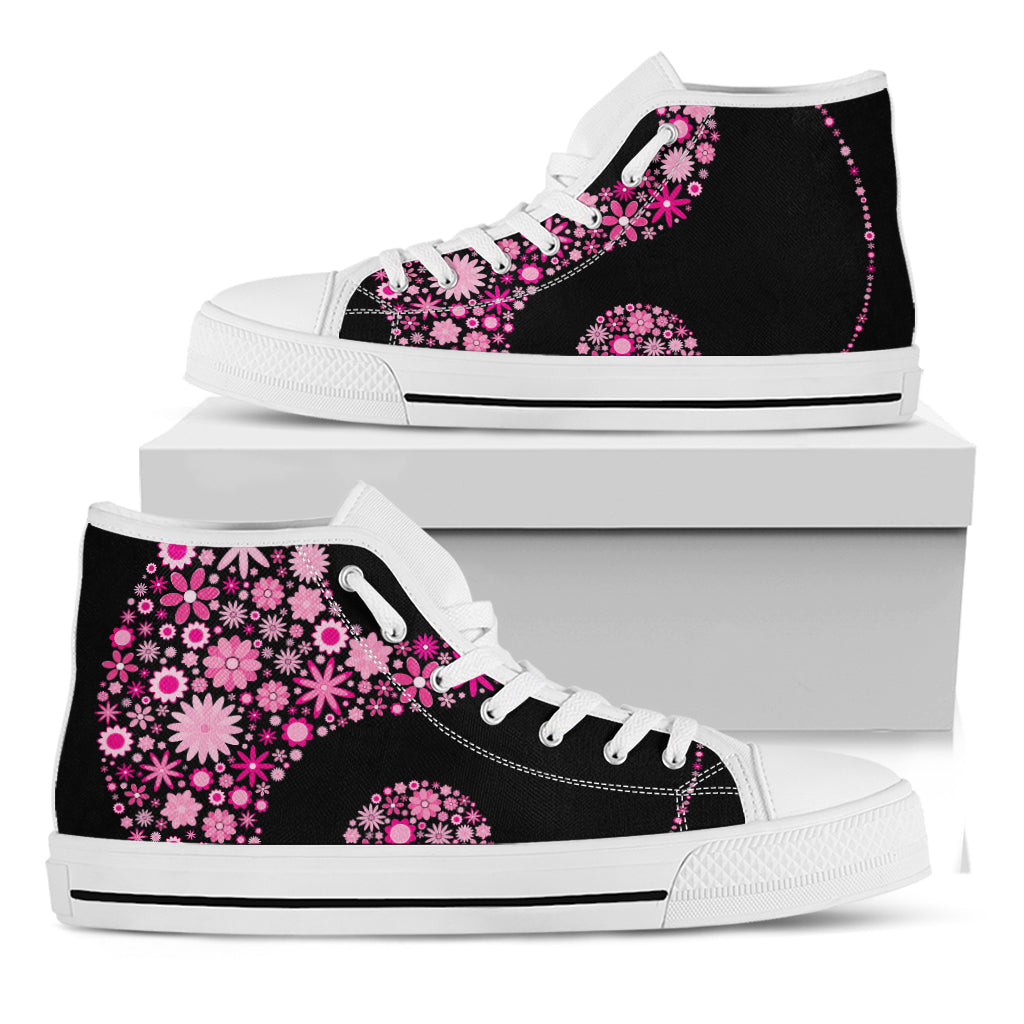 Pink Flowers Yin Yang Print White High Top Shoes