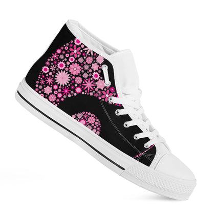 Pink Flowers Yin Yang Print White High Top Shoes